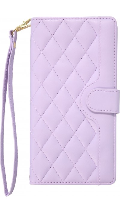 Fourre iPhone 16 Pro Max - Flip matelassé élégant avec fermeture magnétique et lanière et emplacements pour cartes - Violet clair