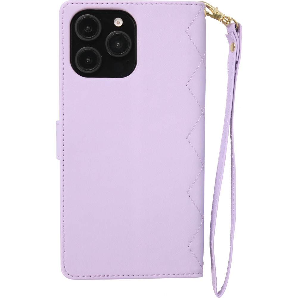 Fourre iPhone 16 Pro Max - Flip matelass&eacute; &eacute;l&eacute;gant avec fermeture magn&eacute;tique et lani&egrave;re et emplacements pour cartes - Violet clair