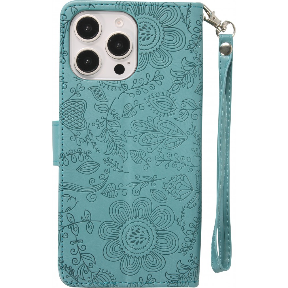 iPhone 16 Pro Max Case Hülle - Flip Kartenetui Blumenmuster mit Lanyard - Dunkelblau