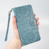 iPhone 16 Pro Max Case Hülle - Flip Kartenetui Blumenmuster mit Lanyard - Dunkelblau