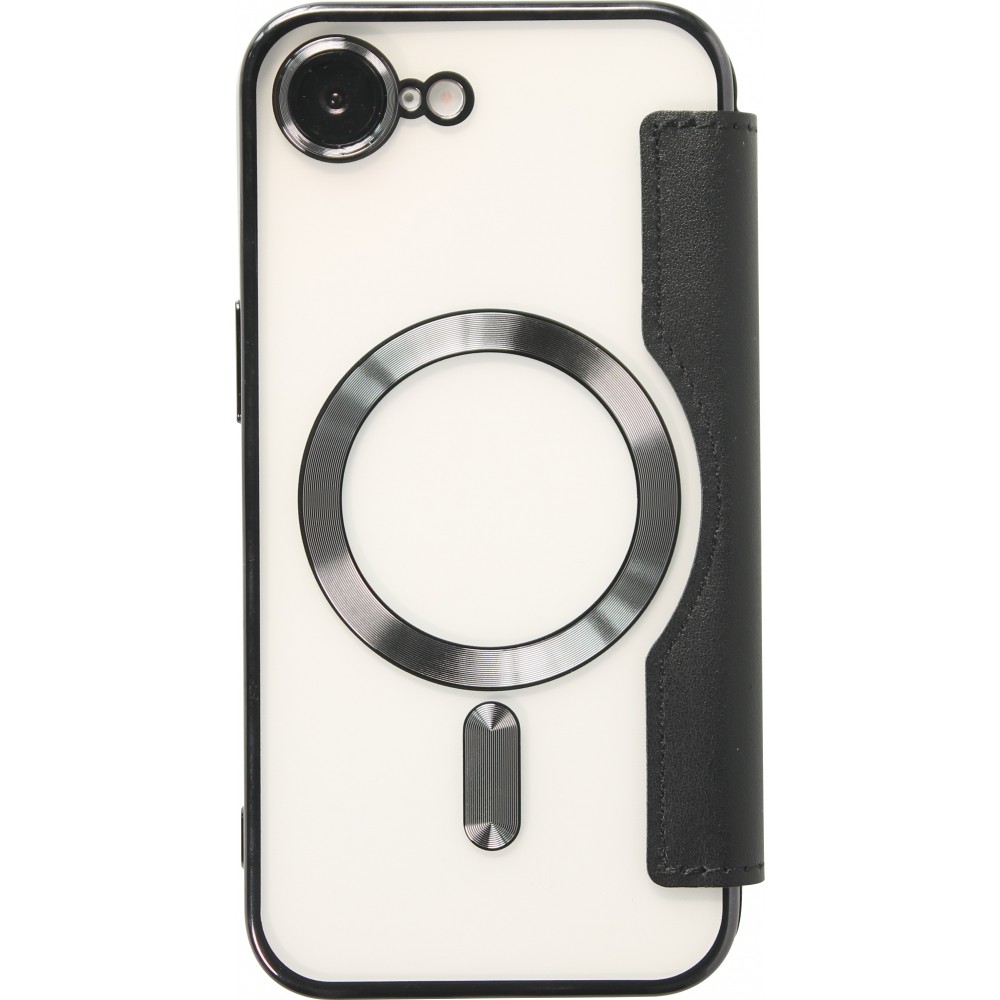 Fourre iPhone 16e - Flip electroplate avec MagSafe et rabat en cuir - Noir