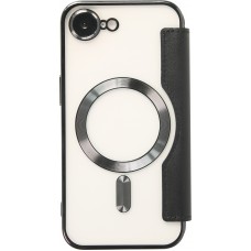 Fourre iPhone 16e - Flip electroplate avec MagSafe et rabat en cuir - Noir