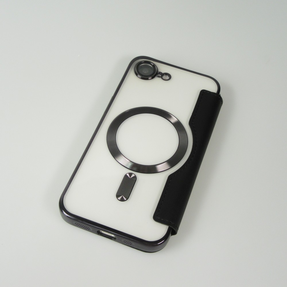 Fourre iPhone 16e - Flip electroplate avec MagSafe et rabat en cuir - Noir