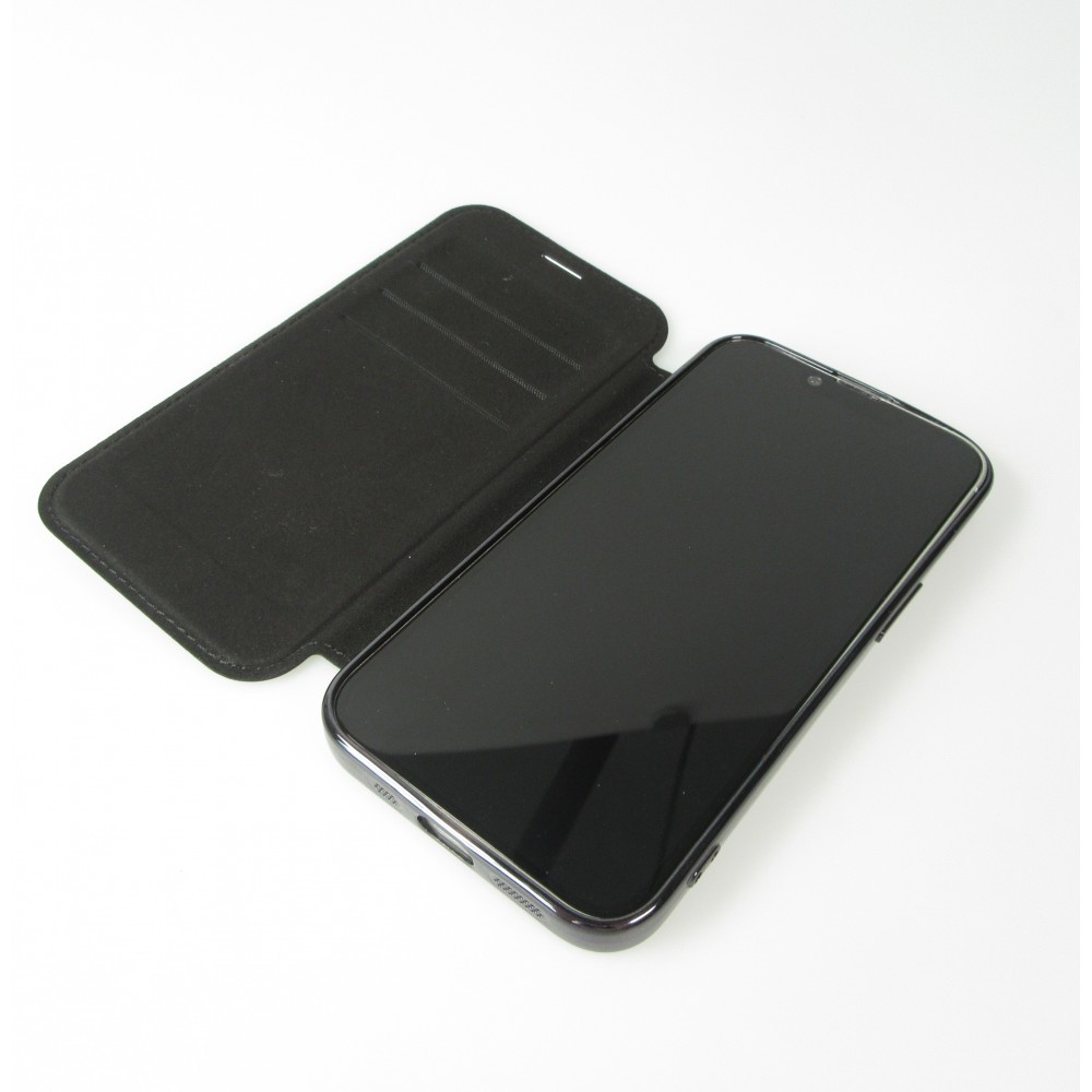 Fourre iPhone 16e - Flip electroplate avec MagSafe et rabat en cuir - Noir