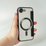 Fourre iPhone 16e - Flip electroplate avec MagSafe et rabat en cuir - Noir