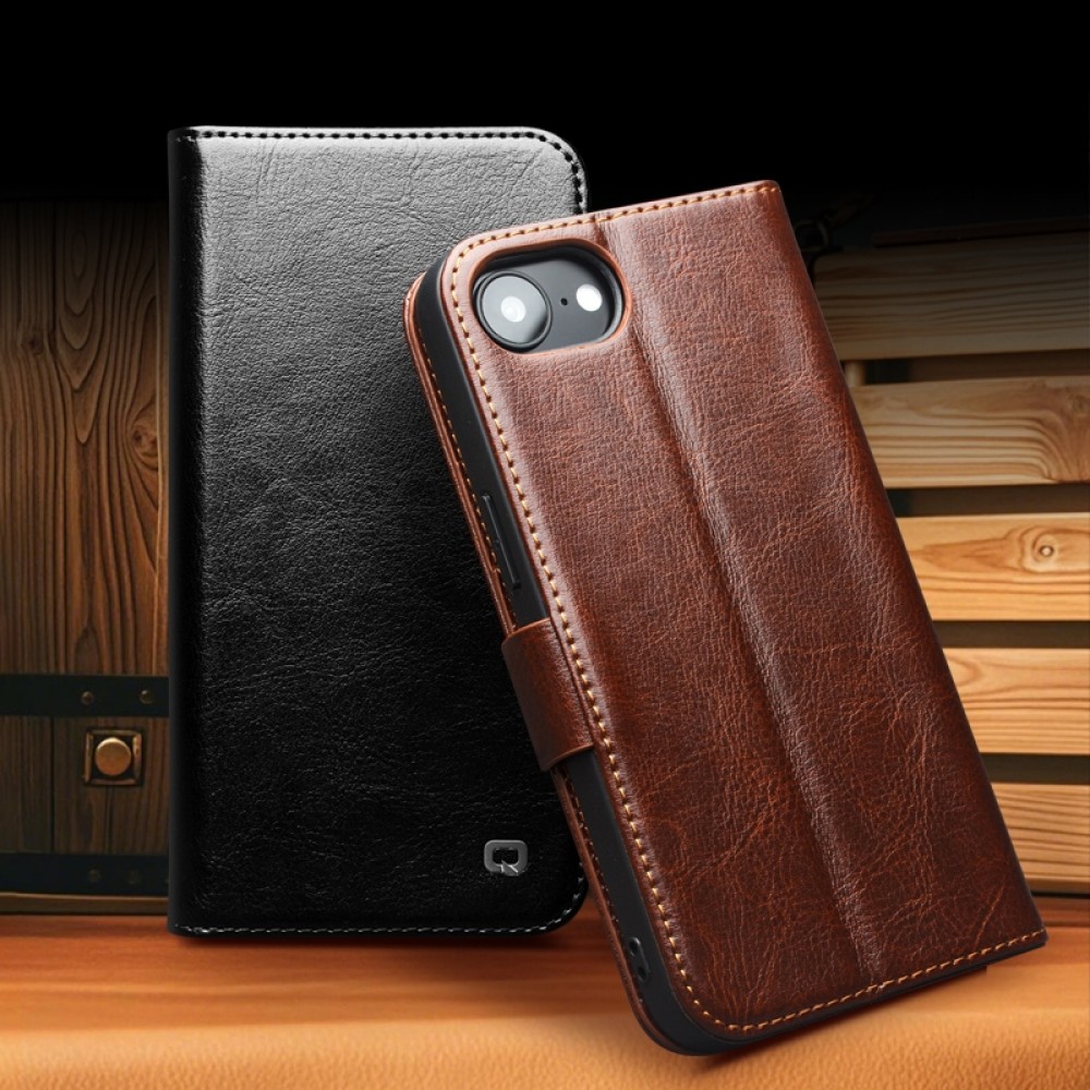 Fourre iPhone 16e - Flip Qialino cuir véritable avec fermeture magnétique - Brun