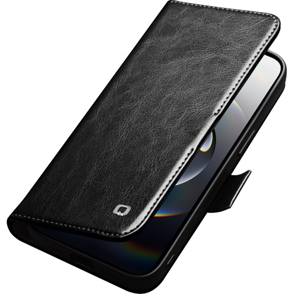 Fourre iPhone 16e - Flip Qialino cuir véritable avec fermeture magnétique - Noir