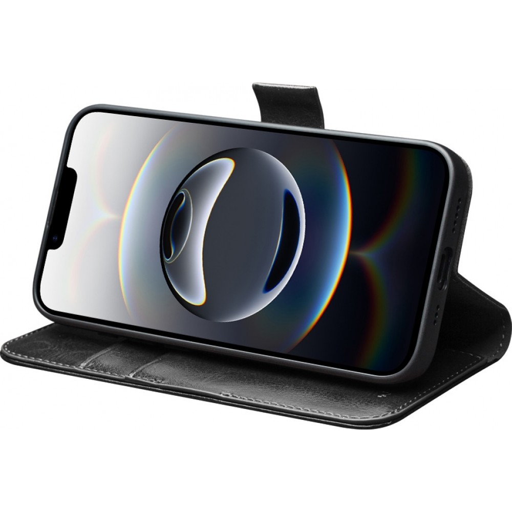 Fourre iPhone 16e - Flip Qialino cuir véritable avec fermeture magnétique - Noir