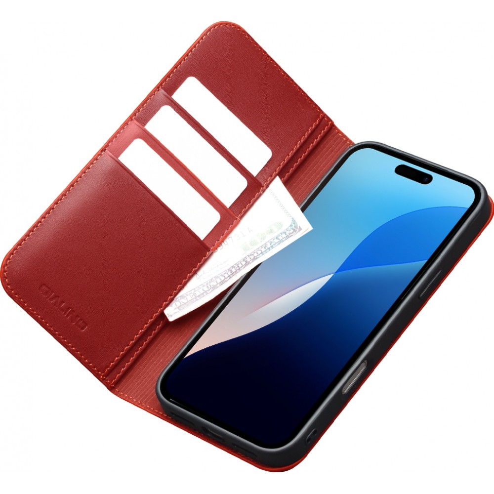 Fourre iPhone Air - Flip Qialino Matt Wallet cuir véritable - Rouge
