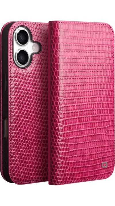 Fourre iPhone 17 - Flip Croco Qialino cuir véritable - Rose