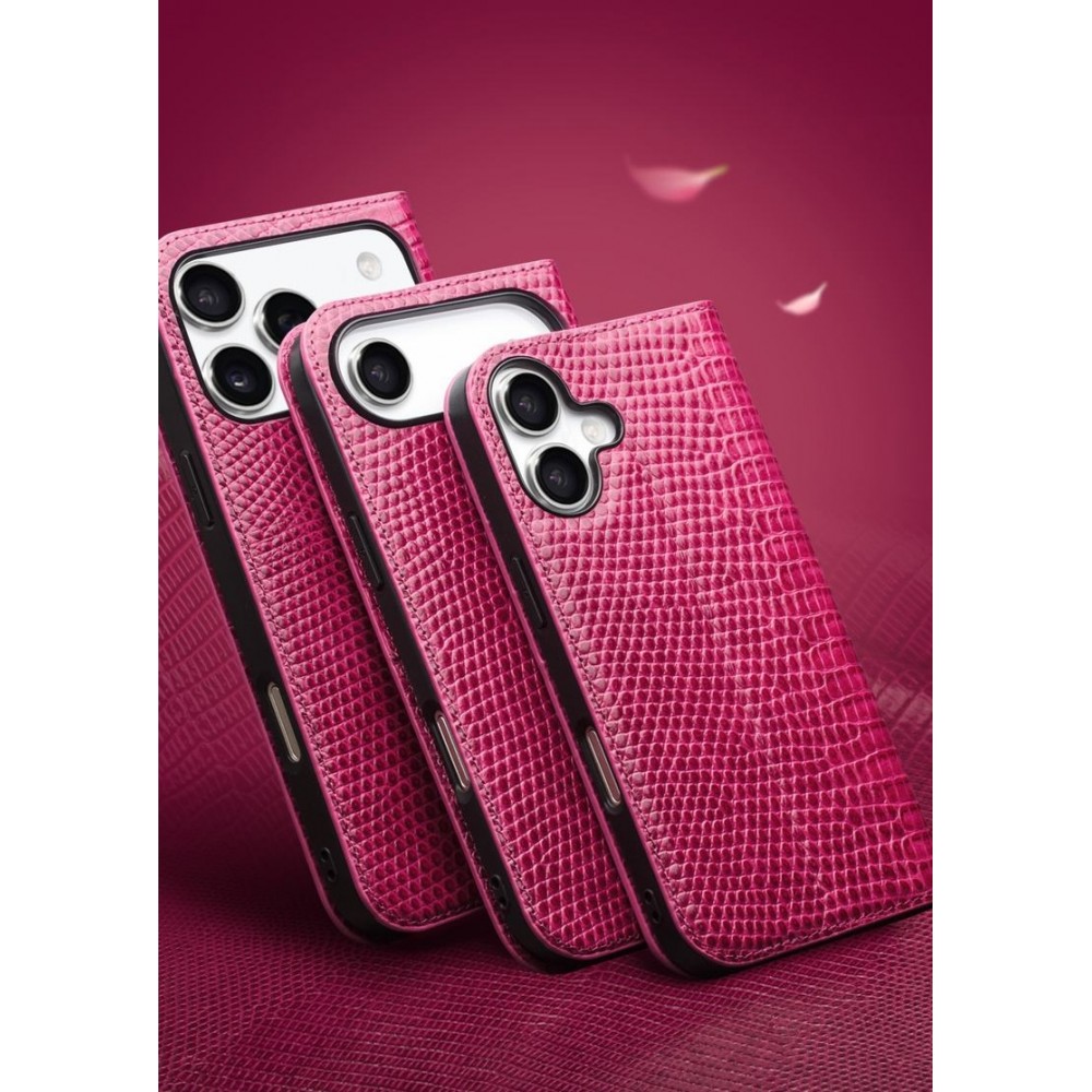 Fourre iPhone 17 - Flip Croco Qialino cuir véritable - Rose