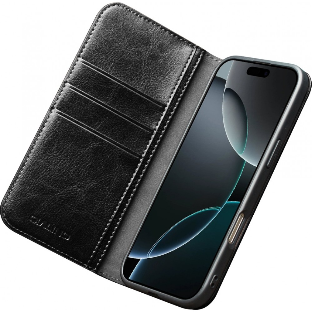 iPhone 17 Case Hülle - Qialino Flip Classic Wallet Echtleder - Schwarz