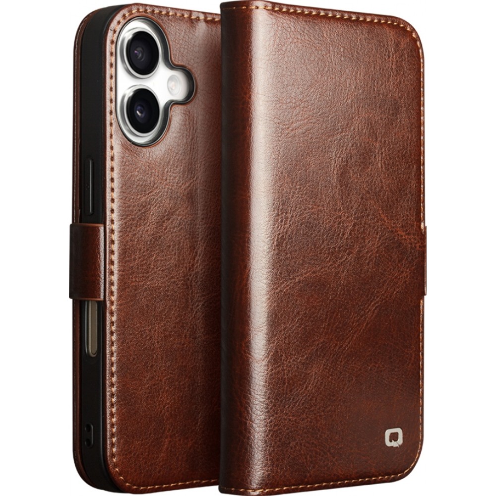 Fourre iPhone 17 - Flip Qialino cuir véritable avec fermeture magnétique - Brun