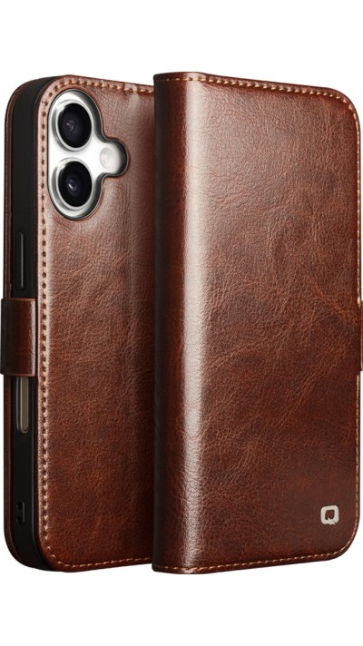 Fourre iPhone 17 - Flip Qialino cuir véritable avec fermeture magnétique - Brun