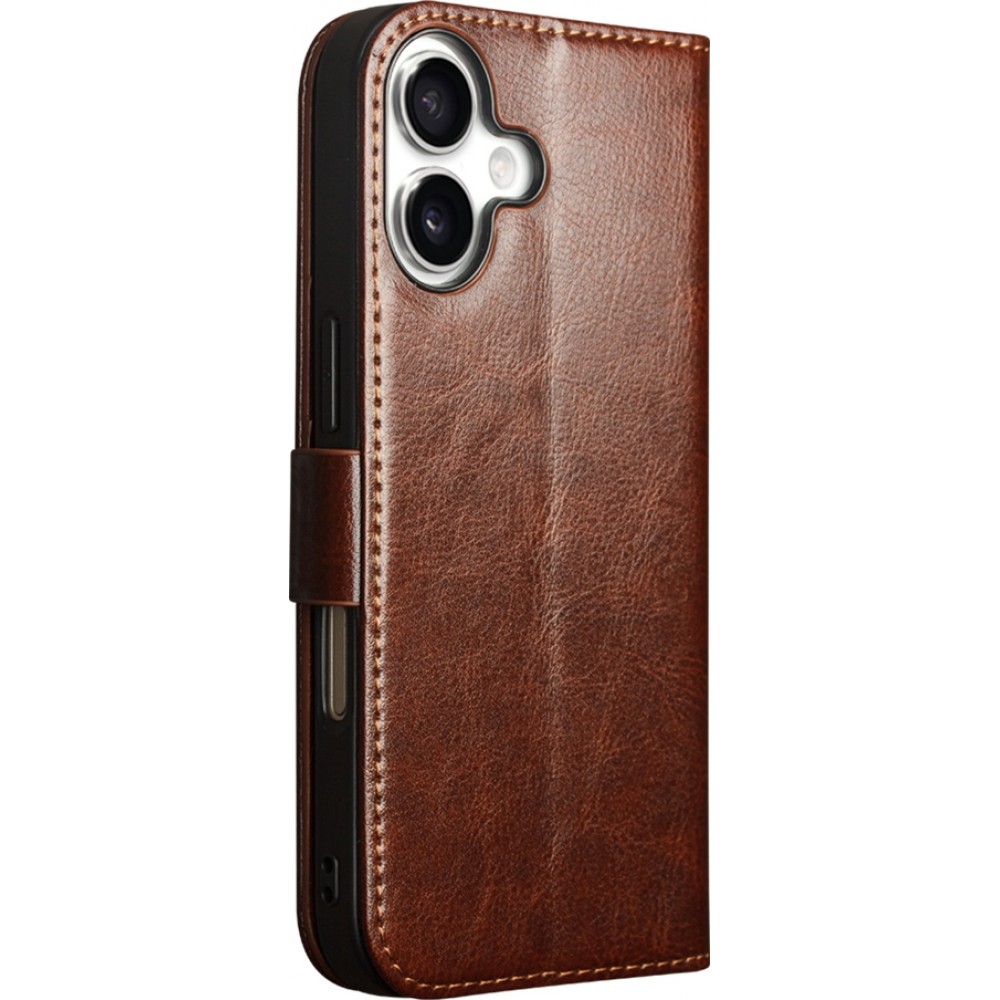Fourre iPhone 17 - Flip Qialino cuir véritable avec fermeture magnétique - Brun