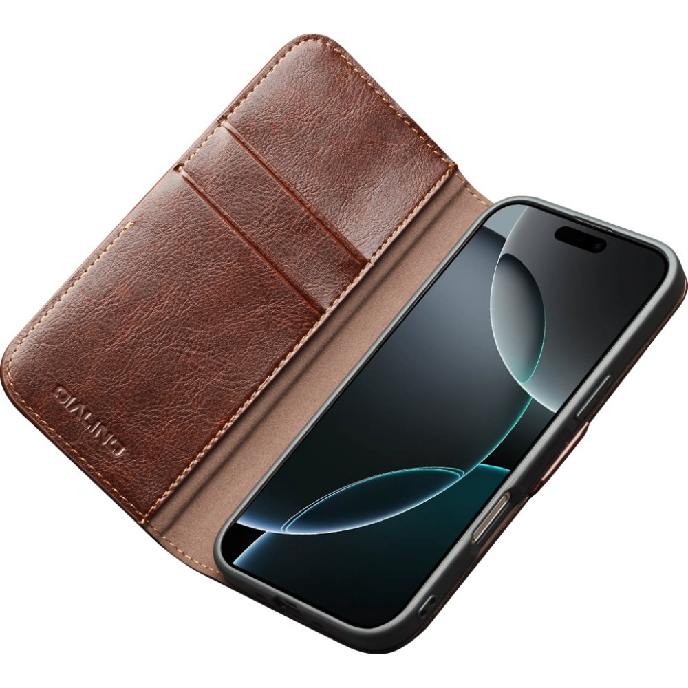 Fourre iPhone 17 - Flip Qialino cuir véritable avec fermeture magnétique - Brun