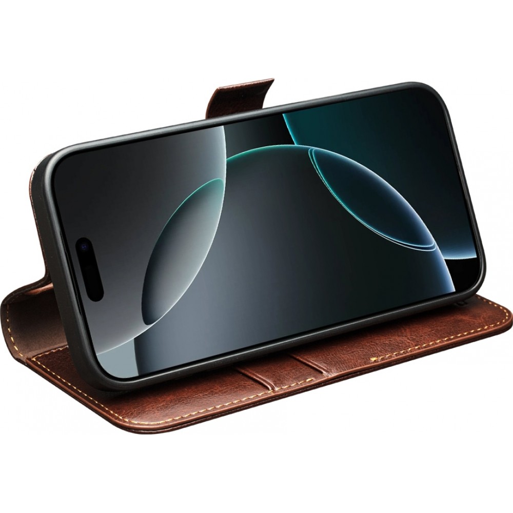 Fourre iPhone 17 - Flip Qialino cuir véritable avec fermeture magnétique - Brun