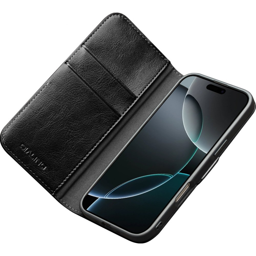 Fourre iPhone 17 - Flip Qialino cuir véritable avec fermeture magnétique - Noir