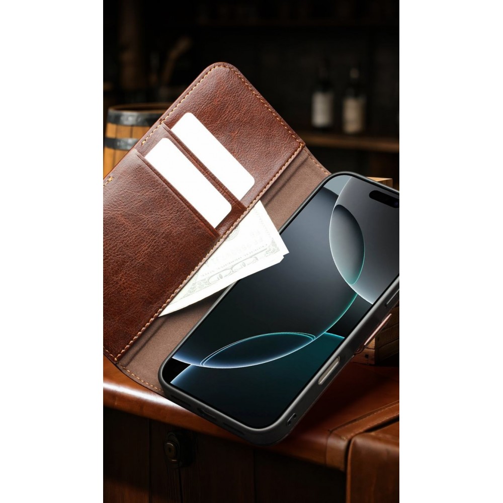 Fourre iPhone 17 - Flip Qialino cuir véritable avec fermeture magnétique - Noir