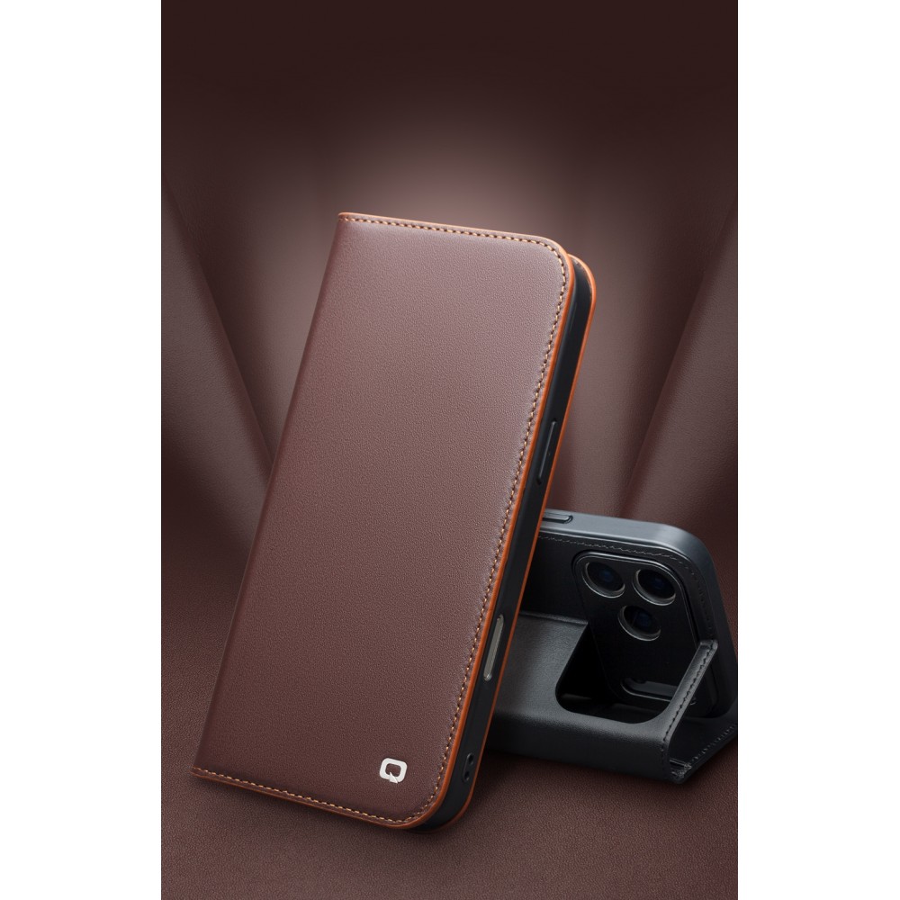 iPhone 17 Case Hülle - Qialino Flip Matt Wallet Echtleder - Braun
