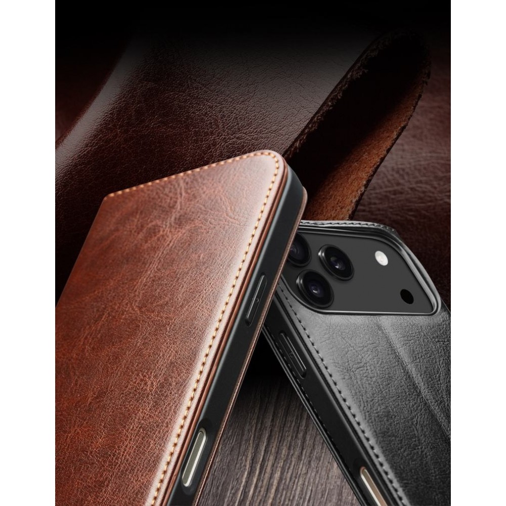 iPhone 17 Pro Max Case Hülle - Qialino Flip Classic Wallet Echtleder - Schwarz