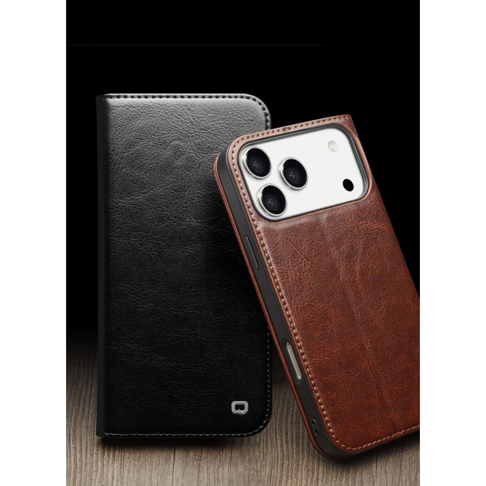 iPhone 17 Pro Max Case Hülle - Qialino Flip Classic Wallet Echtleder - Schwarz