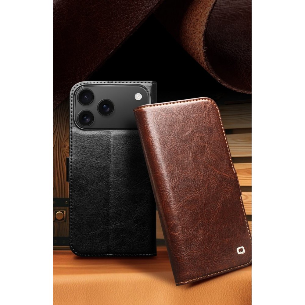 iPhone 17 Pro Case Hülle - Flip Qialino Echtleder mit magnetischem Verschluss - Braun