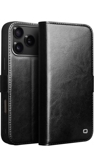 iPhone 17 Pro Case Hülle - Flip Qialino Echtleder mit magnetischem Verschluss - Schwarz