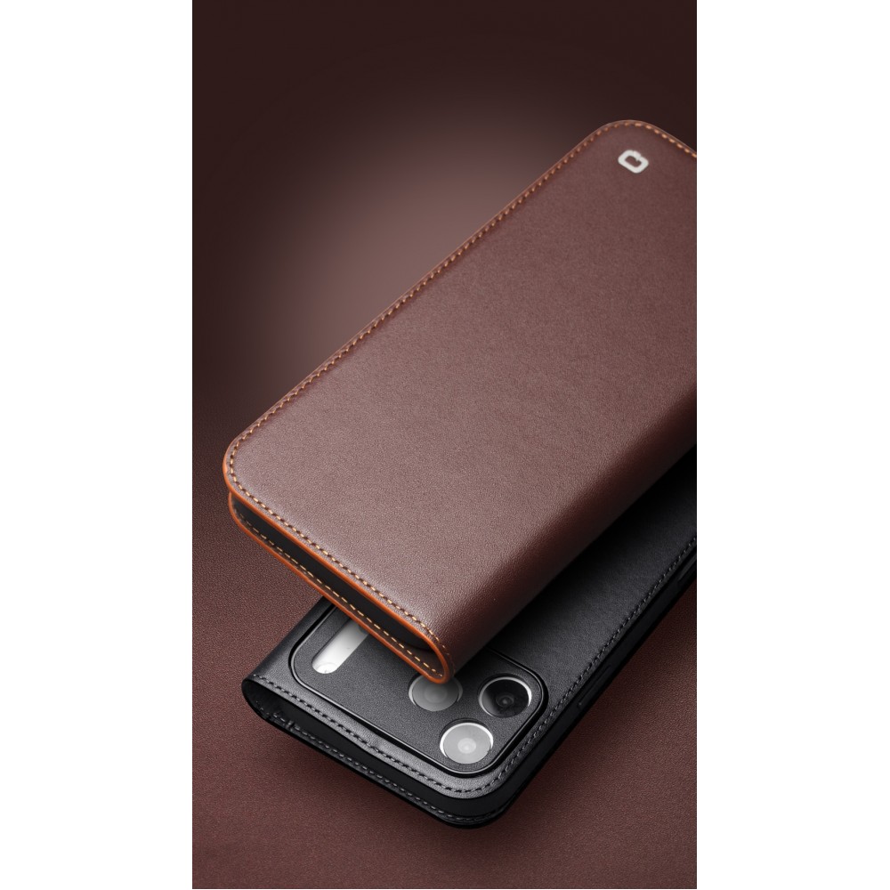 iPhone 17 Pro Max Case Hülle - Qialino Flip Matt Wallet Echtleder - Schwarz