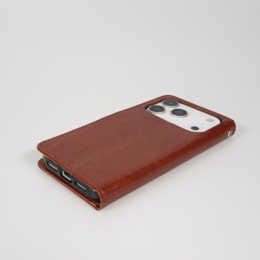Fourre iPhone 17 Pro - Premium Flip cuir lisse porte-cartes - Brun