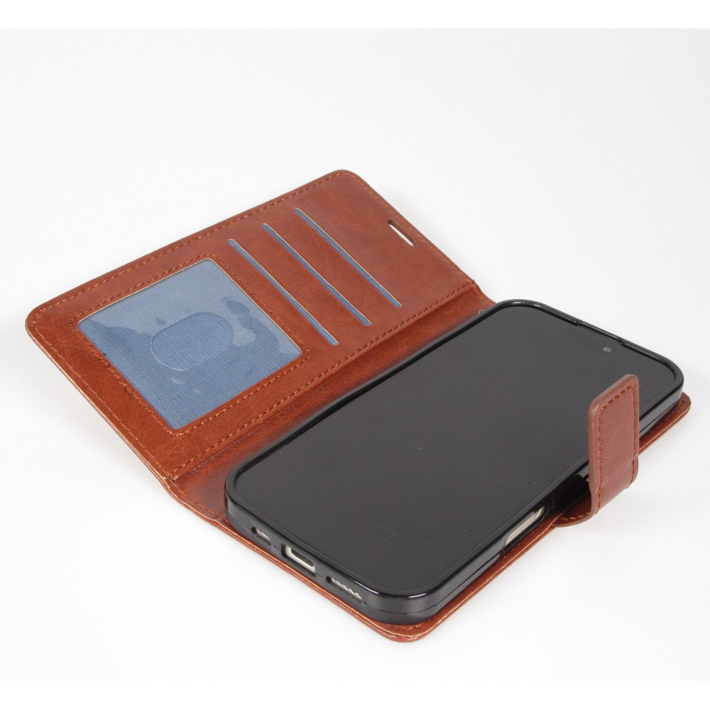 Fourre iPhone 17 Pro - Premium Flip cuir lisse porte-cartes - Brun