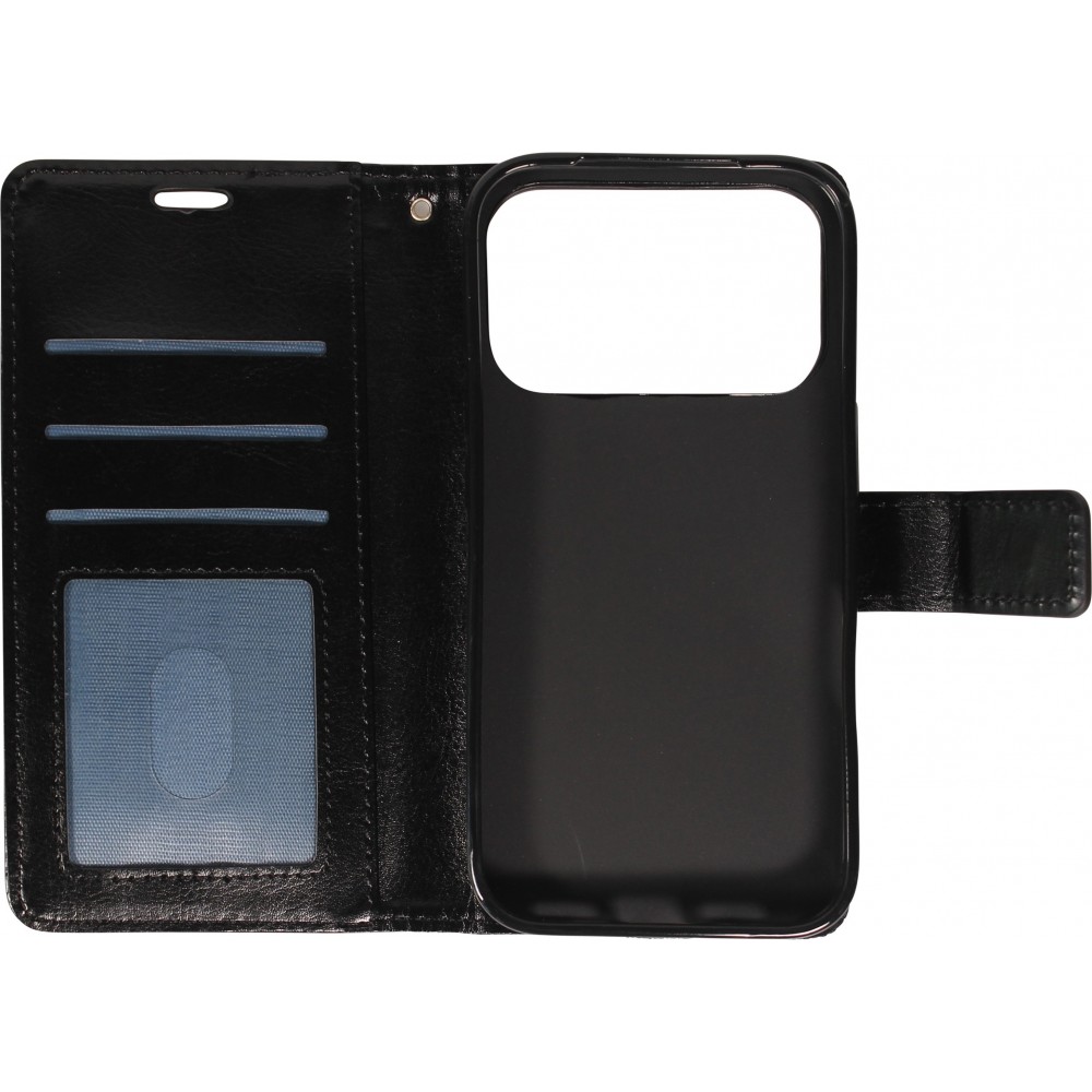 Fourre iPhone 17 Pro - Premium Flip cuir lisse porte-cartes - Noir