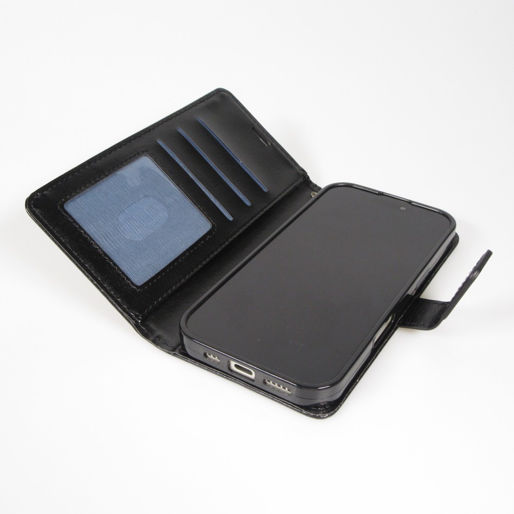 Fourre iPhone 17 Pro - Premium Flip cuir lisse porte-cartes - Noir