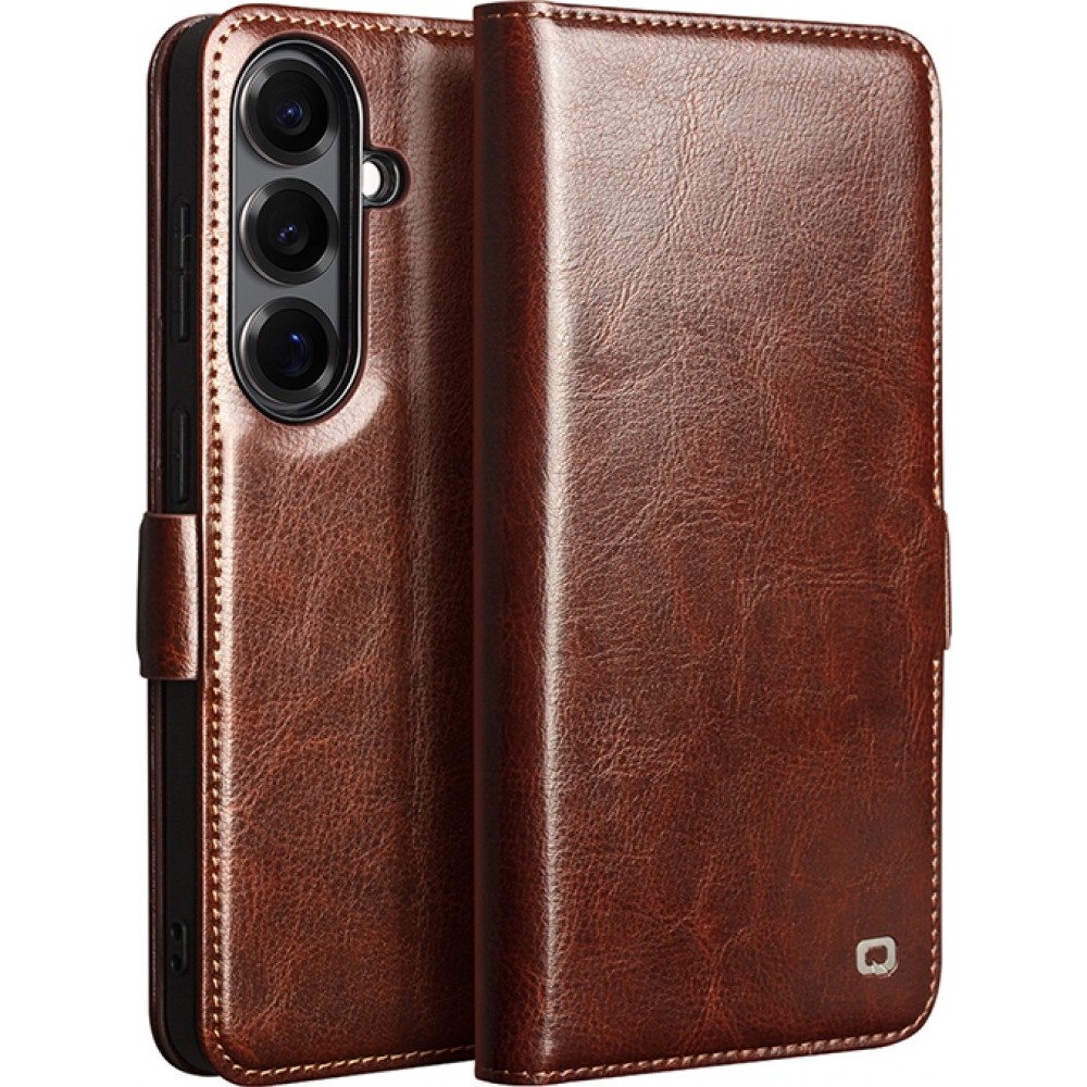 Fourre Samsung Galaxy S26+ - Flip Qialino cuir véritable avec fermeture magnétique - Brun