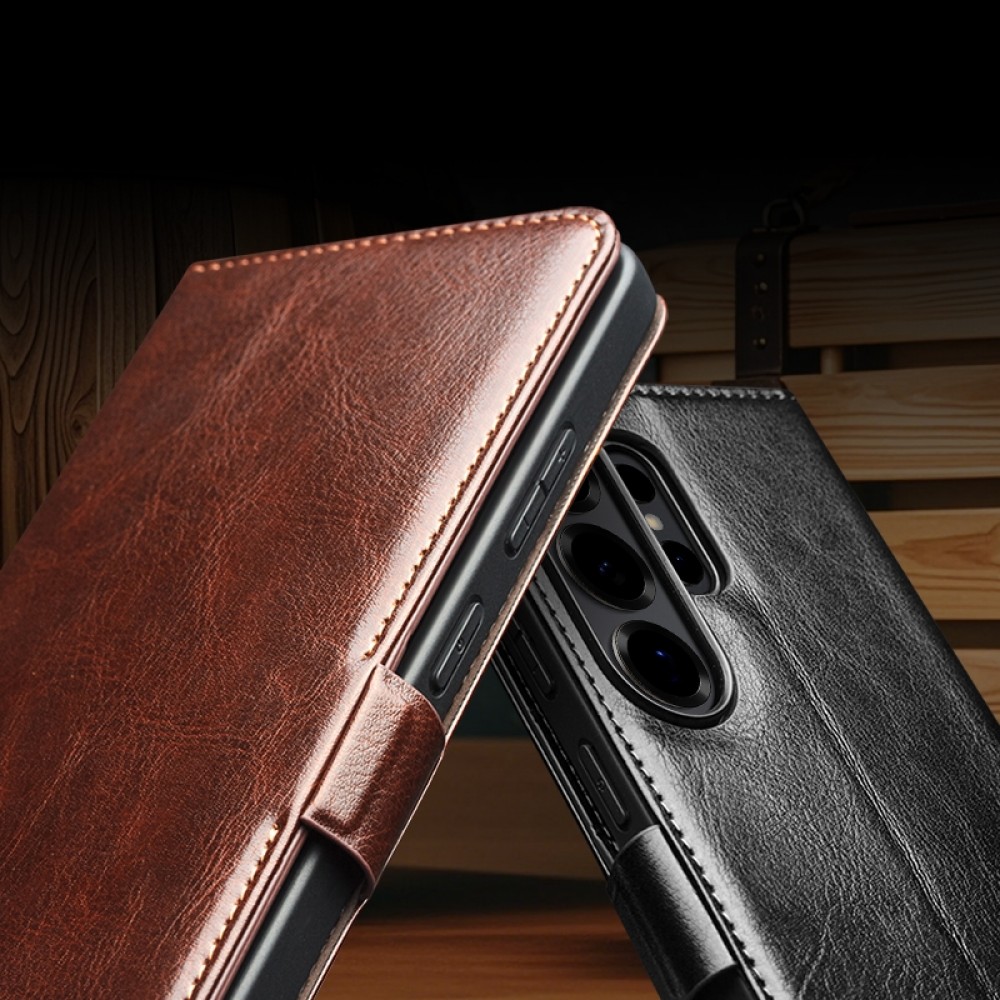 Fourre Samsung Galaxy S26 Ultra - Flip Qialino cuir véritable avec fermeture magnétique - Brun