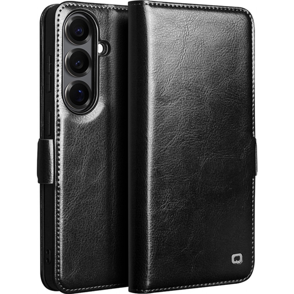 Fourre Samsung Galaxy S26 - Flip Qialino cuir véritable avec fermeture magnétique - Noir