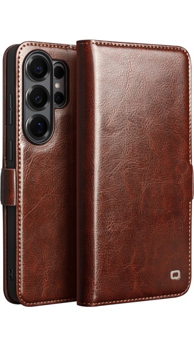 Samsung Galaxy S26 Ultra Case Hülle - Flip Qialino Echtleder mit magnetischem Verschluss - Braun