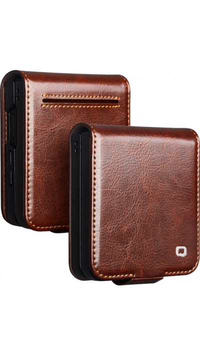 Samsung Galaxy Z Flip7 Case Hülle - Flip Qialino Echtleder mit magnetischem Verschluss - Dunkelbraun