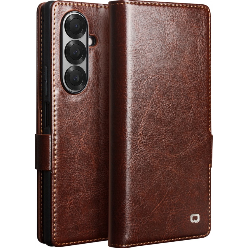 Fourre Samsung Galaxy Z Fold7 - Flip Qialino cuir véritable avec fermeture magnétique - Brun foncé