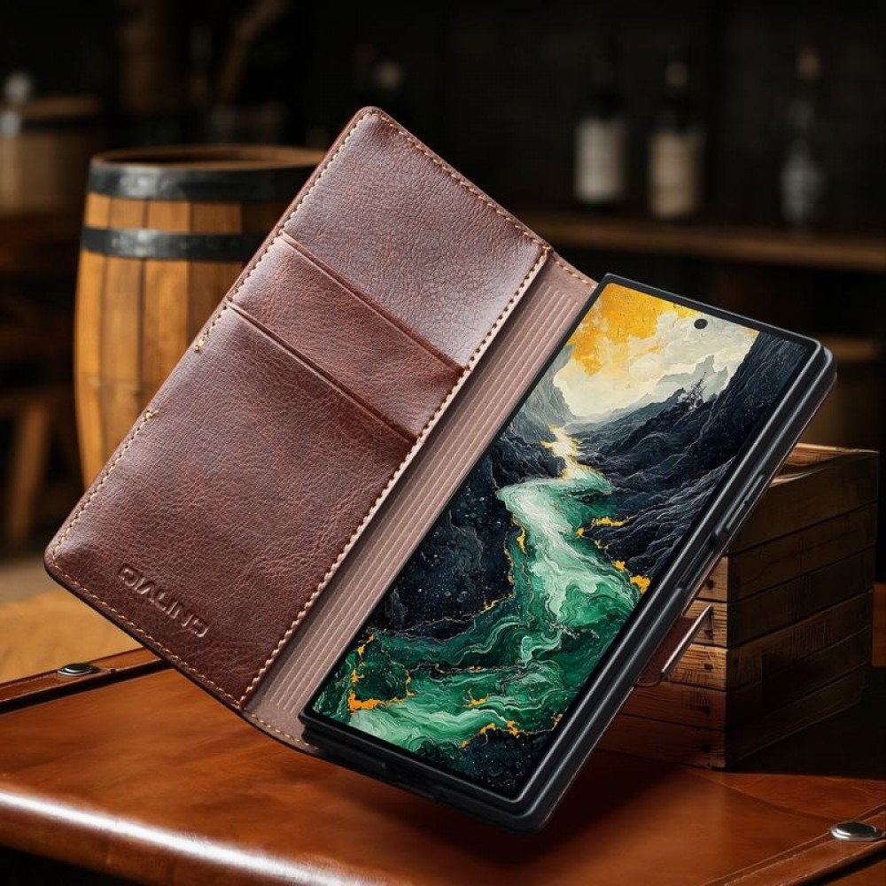 Fourre Samsung Galaxy Z Fold7 - Flip Qialino cuir véritable avec fermeture magnétique - Brun foncé