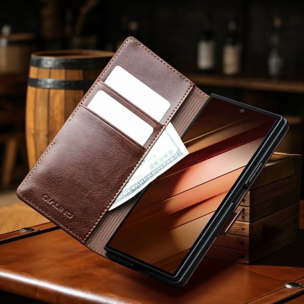 Fourre Samsung Galaxy Z Fold7 - Flip Qialino cuir véritable avec fermeture magnétique - Brun foncé