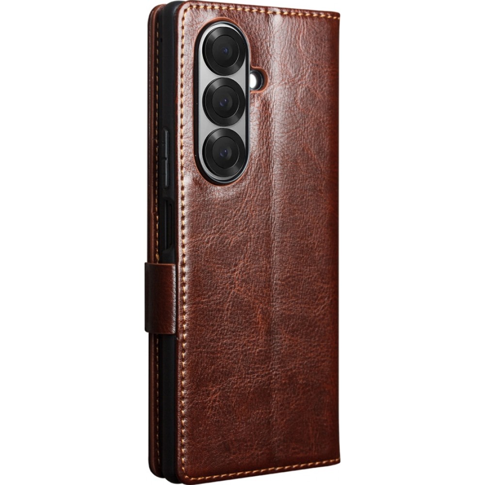 Fourre Samsung Galaxy Z Fold7 - Flip Qialino cuir véritable avec fermeture magnétique - Brun foncé