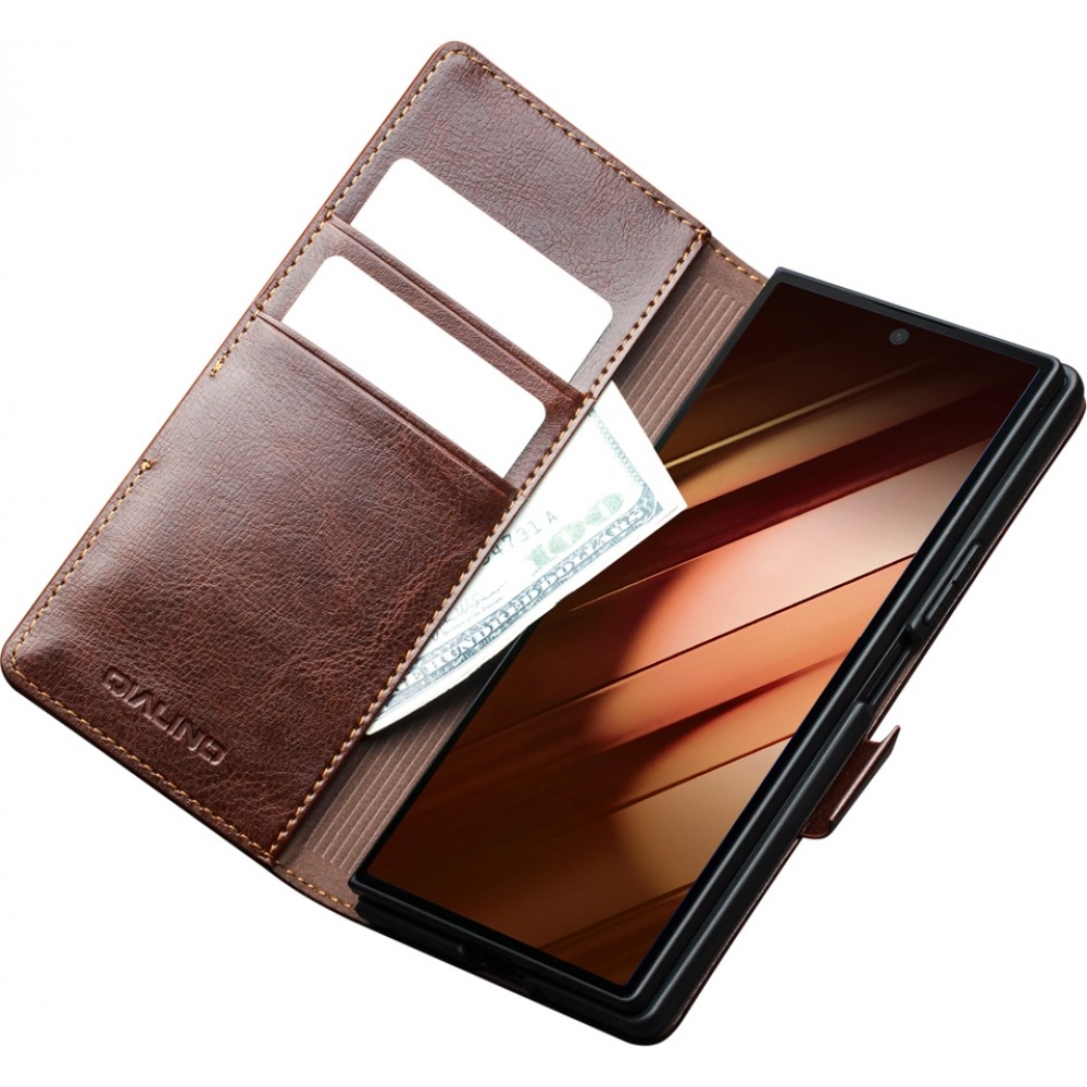 Fourre Samsung Galaxy Z Fold7 - Flip Qialino cuir véritable avec fermeture magnétique - Brun foncé
