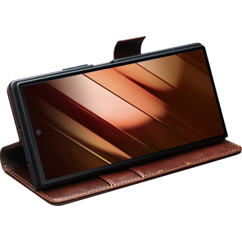 Fourre Samsung Galaxy Z Fold7 - Flip Qialino cuir véritable avec fermeture magnétique - Brun foncé