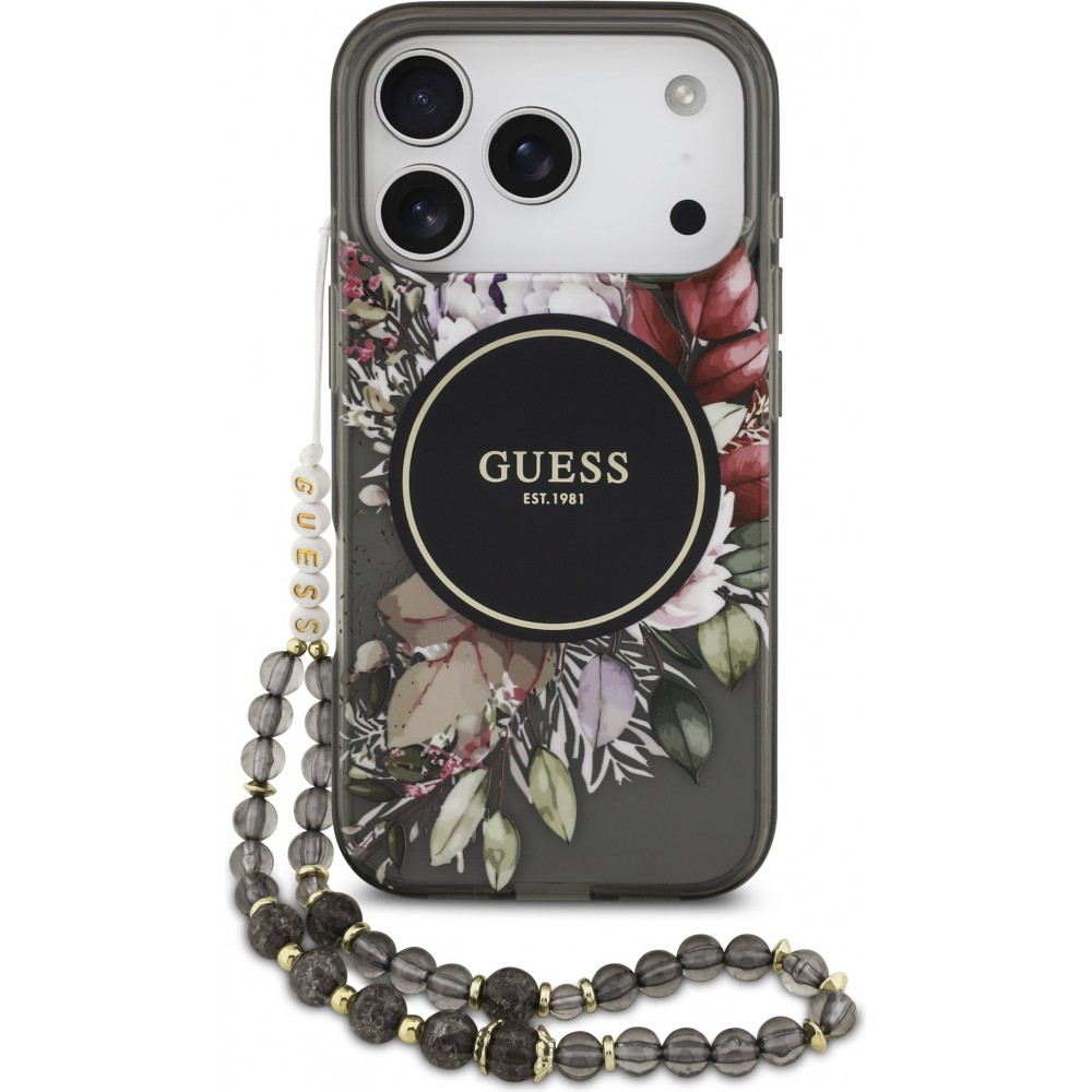Coque iPhone 17 Pro - Guess IML fleurs avec cha&icirc;ne poignet compatible MagSafe protection &eacute;l&eacute;gante et tendance - Noir