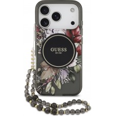 Coque iPhone 17 Pro - Guess IML fleurs avec cha&icirc;ne poignet compatible MagSafe protection &eacute;l&eacute;gante et tendance - Noir