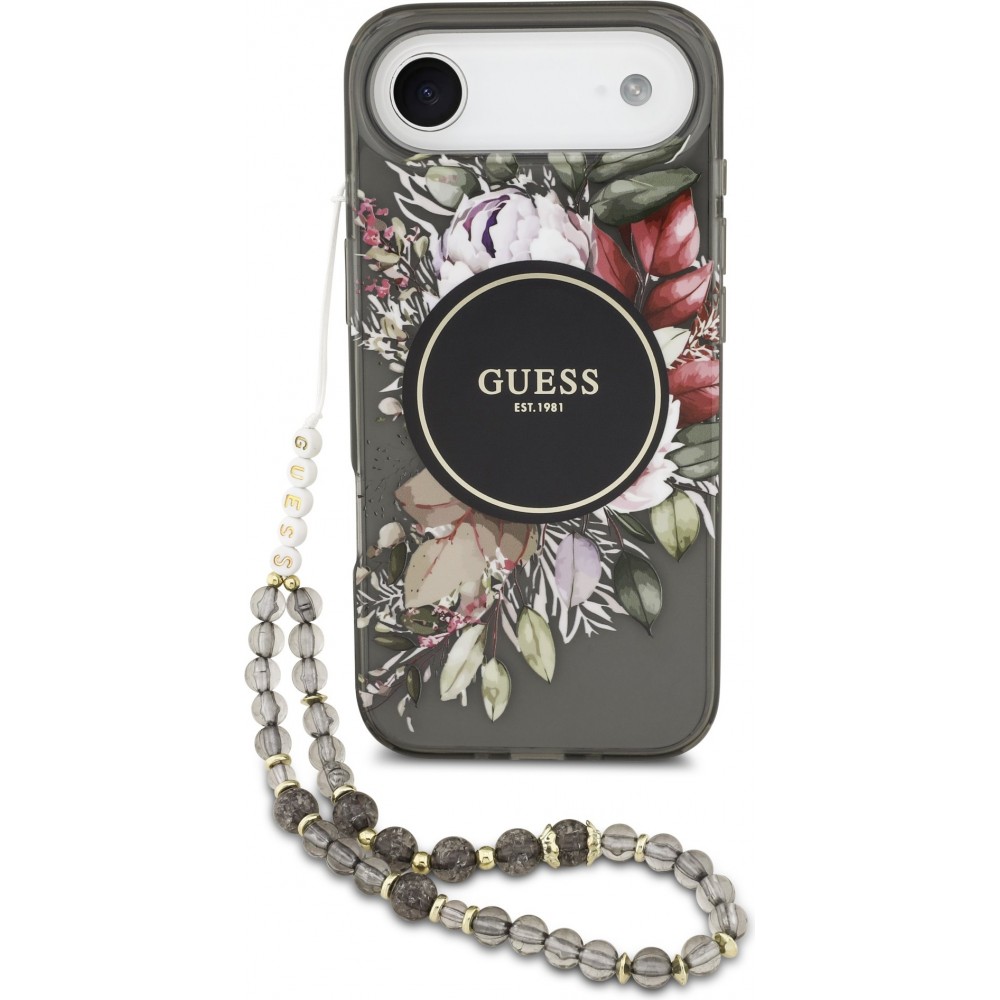 Coque iPhone Air - Guess IML fleurs avec chaîne poignet compatible MagSafe protection élégante et tendance - Noir