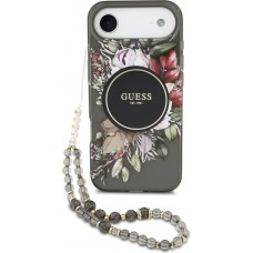 Coque iPhone Air - Guess IML fleurs avec chaîne poignet compatible MagSafe protection élégante et tendance - Noir