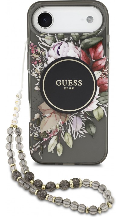 Coque iPhone Air - Guess IML fleurs avec chaîne poignet compatible MagSafe protection élégante et tendance - Noir
