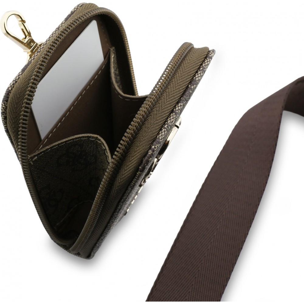 Guess Lani&egrave;re bandouli&egrave;re avec logo m&eacute;tal 4G et pochette - Brun